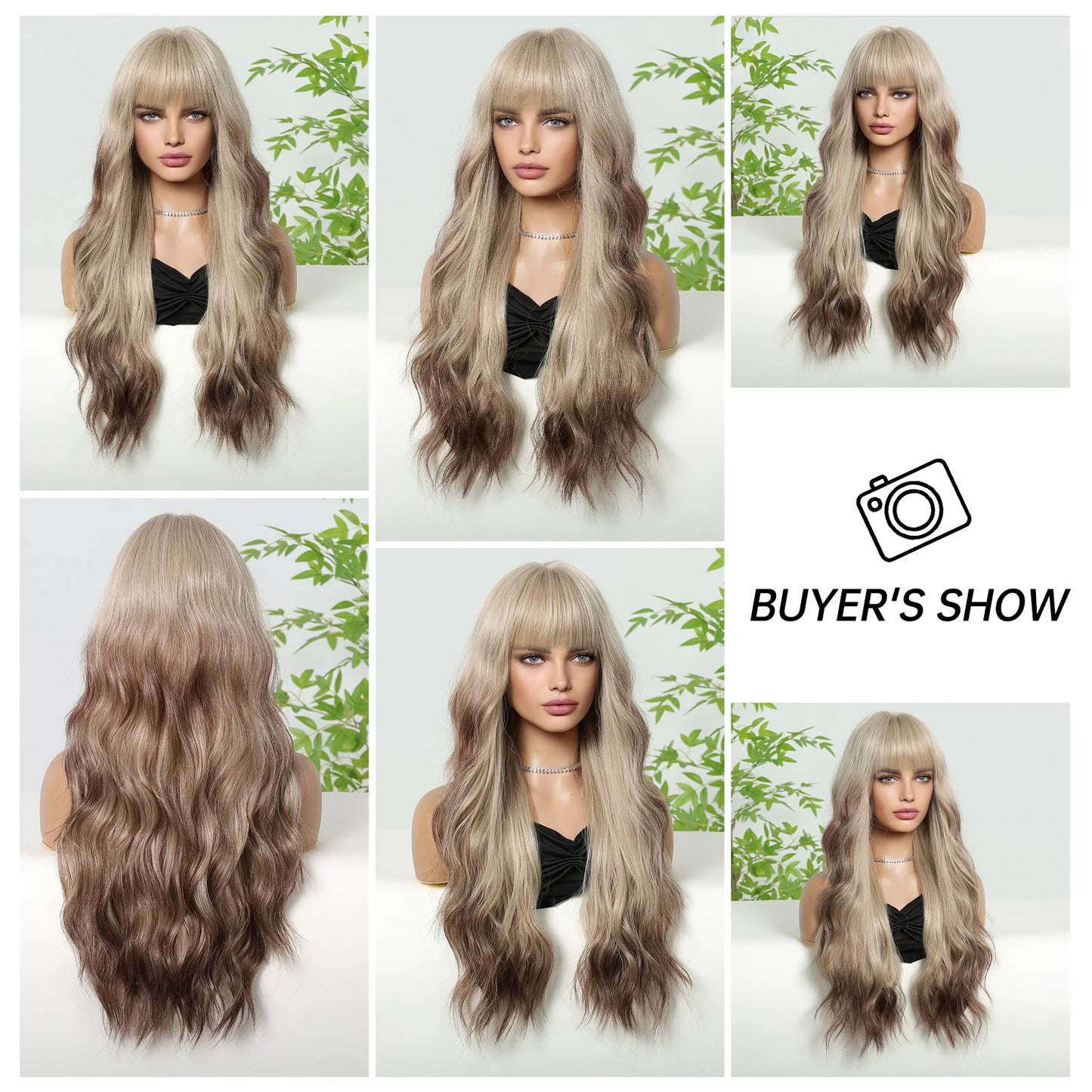 Blonde Brown Synthetic Wig With Bangs Long Curly Wigs For Women Ombre Blonde Wigs Dark Roots Heat Resistant Wigs For Daily Party
