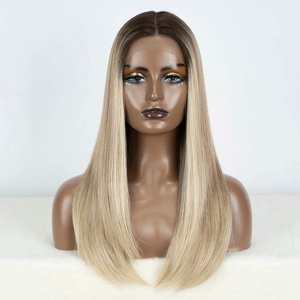 Synthetic Lace Front Wig Straight Baby Hair Bob Wig Bown Black Blonde Hair Wig 22"Cosplay Wig For Women Heat Resistant Wig
