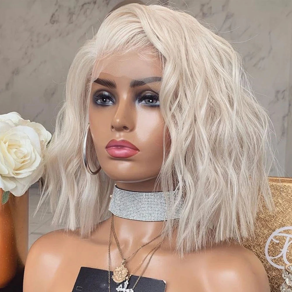 Charisma 60 Platinum Blonde Wig Synthetic Lace Front Wigs For Women Short Bob Style Wavy Hair Blond Frontal Wigs Cosplay
