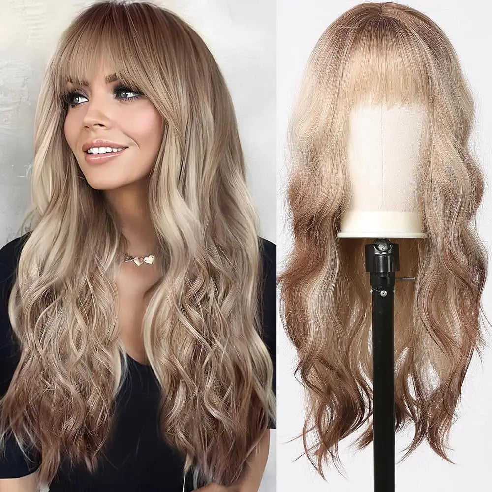 Blonde Brown Synthetic Wig With Bangs Long Curly Wigs For Women Ombre Blonde Wigs Dark Roots Heat Resistant Wigs For Daily Party