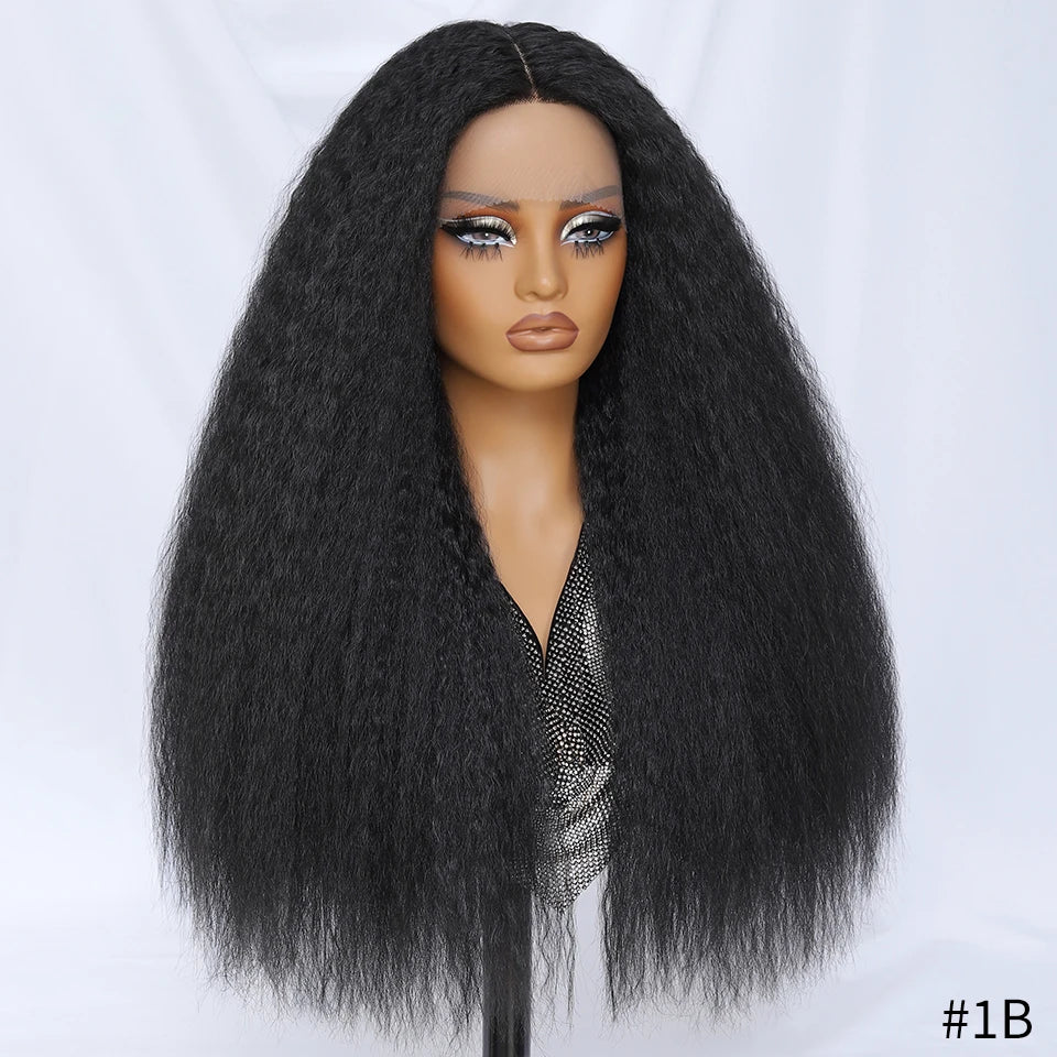 28 Inch Kinky Straight Lace Wigs Synthetic Black T Part Yaki Straight Lace Front Wigs For Women Brown Afro Wigs With Hair Line