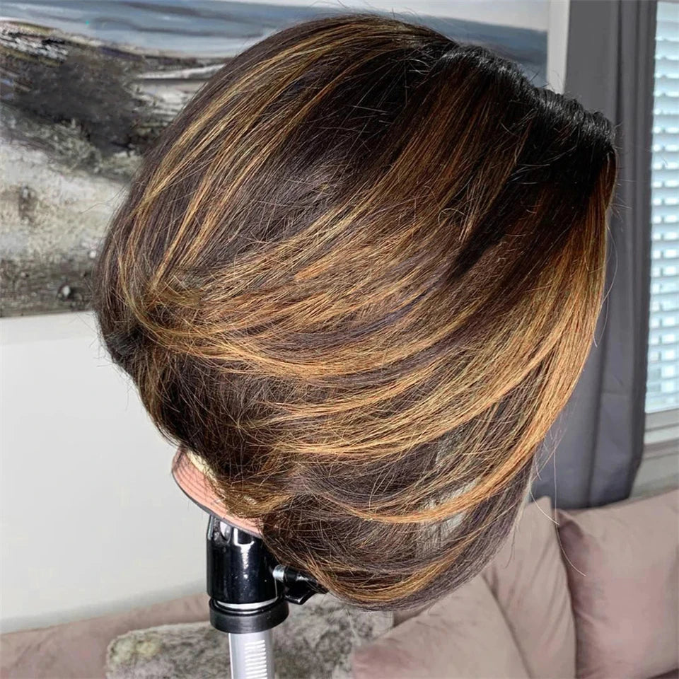 Brown Colored Pixie Cut Short Highlight Lace Human Hair Wigs For Women Ombre Short Brazilian Human Hair Wig Straight Pre Plucked