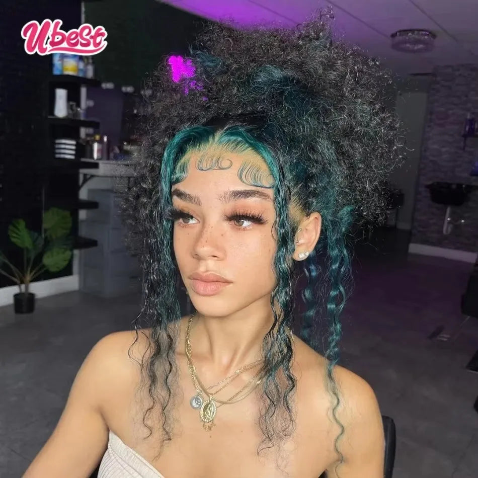 Ubest 13X6 Transparent Lace Front Wigs Curly 100% Human Hair Ombre Dark Green Colored 5X5 Lace Closure Wig Pre Plucked For Women