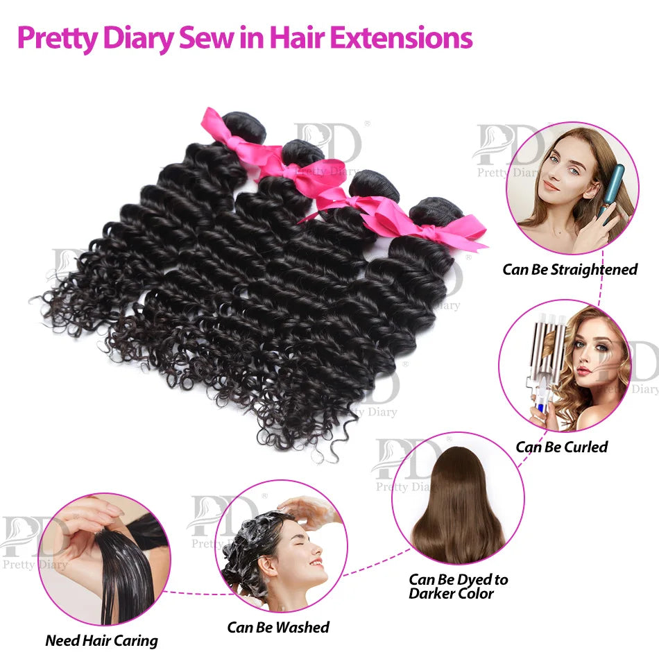PD 30 32 36 40 Inch Deep Wave Human Hair Bundles Brazilian Remy Unprocessed Weaving Curly Hair Bundles Weave Extensions Deals