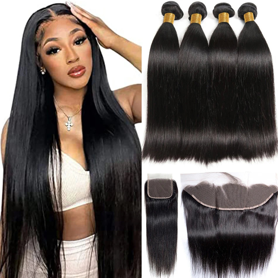 12A Raw Straight Virgin Hair Bundles With HD Frontals Meche Bresilienne Brazilian Born Straight Human Hair 3 Bundle With Closure