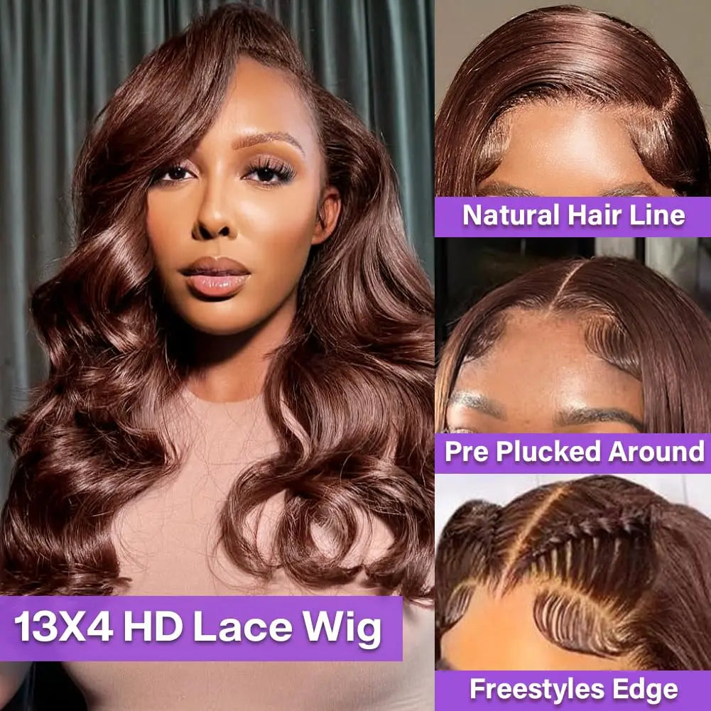 Chocolate Brown Body Wave Bob Wigs Human Hair 13x4 HD Lace Frontal Wigs 4# Colored 100% Human Hair Water Wave Preplucked 16 Inch