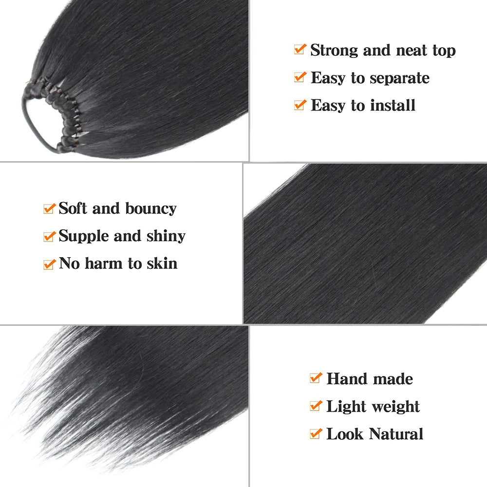 Synthetic 24Inch Ponytail Extensions Black Natural Braided Pony Tail Hairpiece Long Straight Rubber Band Hair For Women