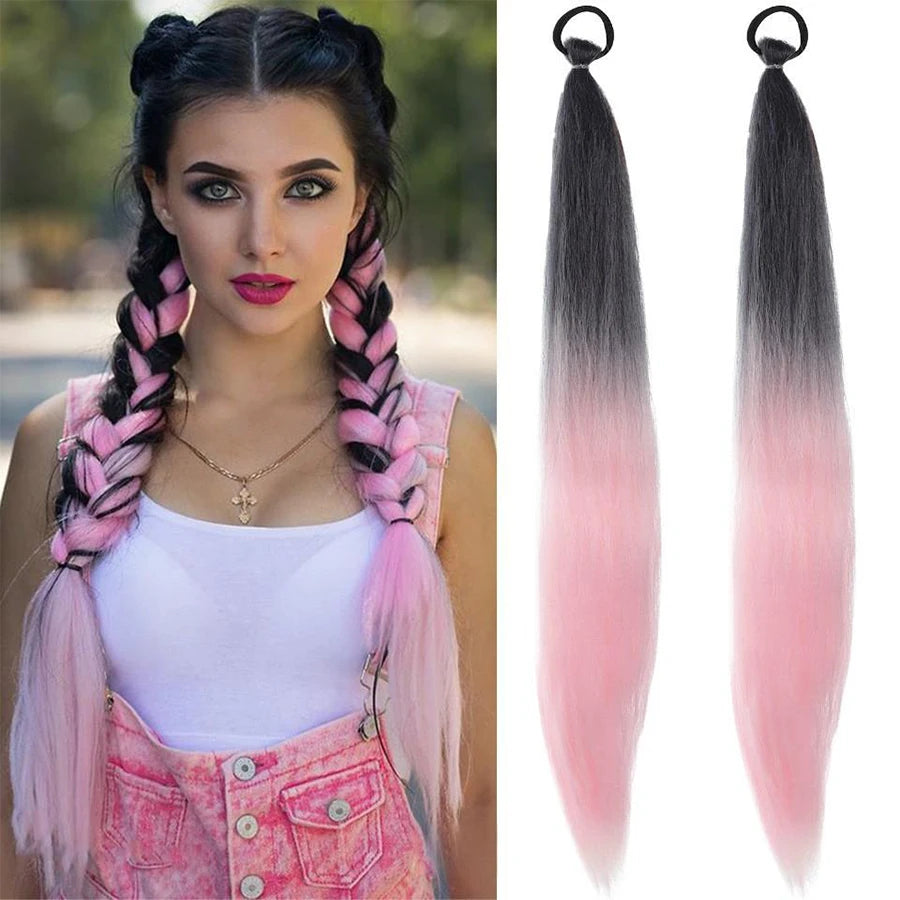 2PCS 26Inch Synthetic Long Straight Ponytail with Elastic Hair Colorful Braiding Hair Ponytail Hair Extensions Hair Accessories