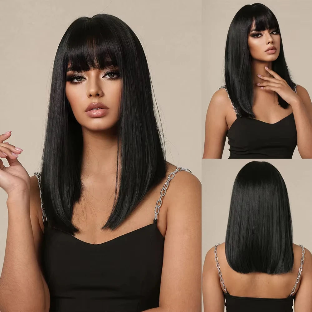 Straight Black Bob synthetic wig with straight bangs mid-length cosplay wig Ladies natural hair Daily high temperature silk wig
