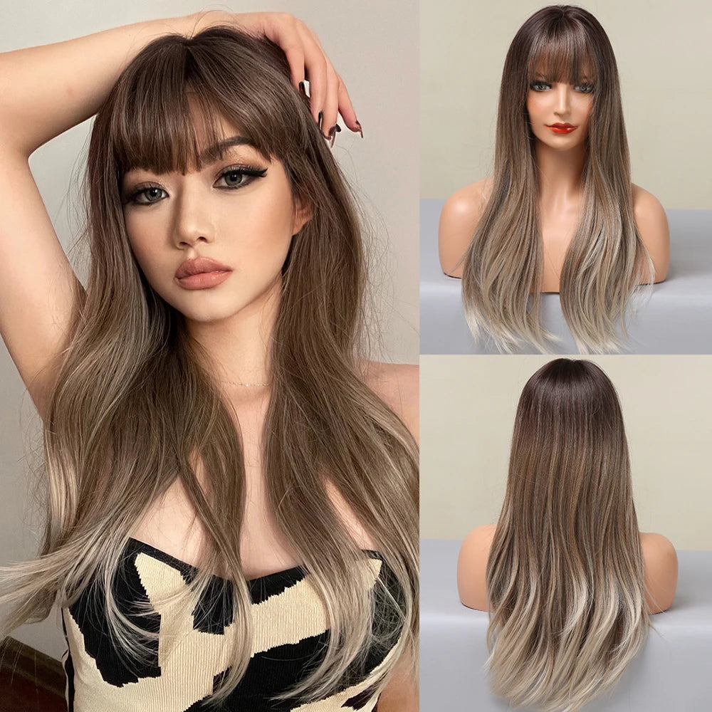 Blonde Brown Synthetic Wig With Bangs Long Curly Wigs For Women Ombre Blonde Wigs Dark Roots Heat Resistant Wigs For Daily Party