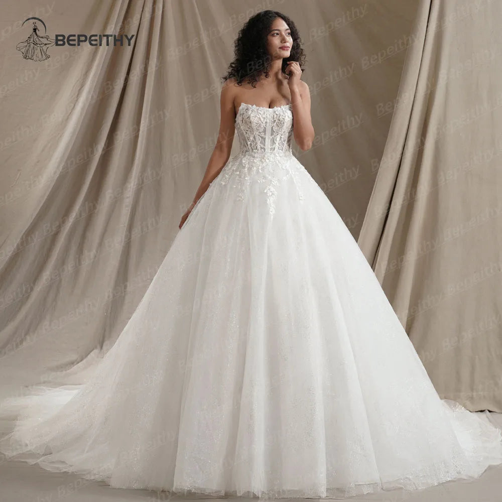 BEPEITHY Customized Strapless Glitter Princess Wedding Dresses 2025 Women Sleeveless 3D Flowers Bride Sexy Bridal Gown Vestido