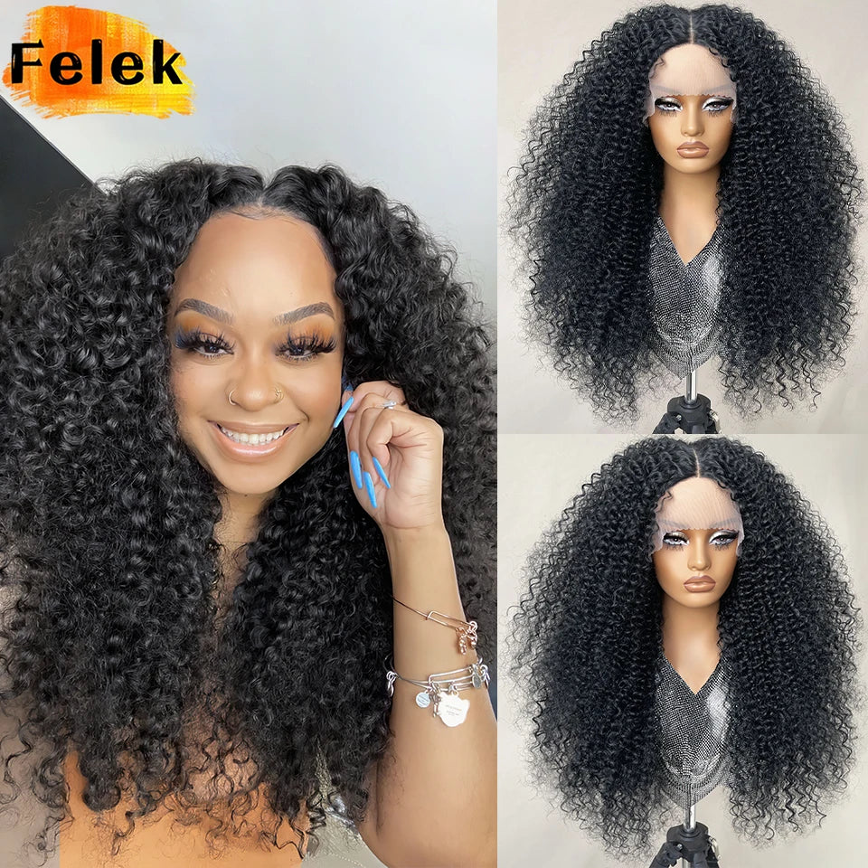 Long Afro Kinky Curly Synthetic Wig 24 Inch Jerry Curl Deep Part Lace Front Wigs For Female Ombre Blue Copper 613 Highlight Wigs