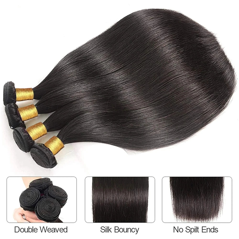 Straight Bundles with Frontal Brazilian 100% Virgin Human Hair 3 Bundles with 13x4 Lace Frontal Brown 4 Color Straight 3 Bundles