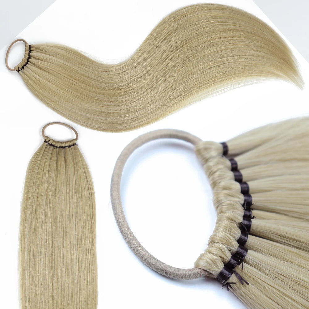 Synthetic 24Inch Ponytail Extensions Black Natural Braided Pony Tail Hairpiece Long Straight Rubber Band Hair For Women