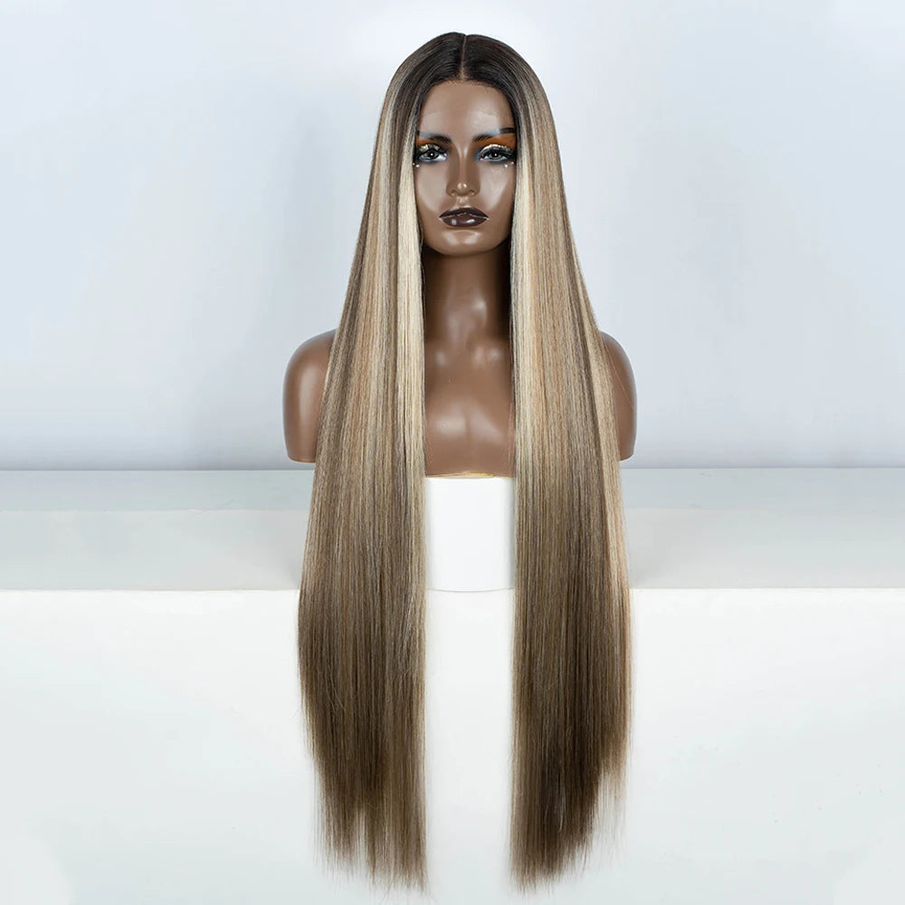 Synthetic Lace Front Wigs Highlight Brwon Blonde Black Wig For Women Long Straight Lace WIg 38Inch Synthetic Heat Resistant Wig