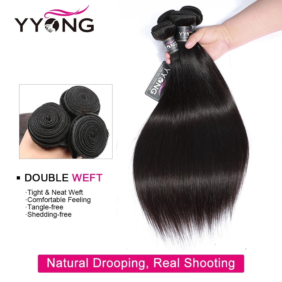 YYong Brazilian Straight Hair 3/4 Bundles With Frontal Remy Human Hair 13x4 Ear to Ear Lace Frontal Closure With Bundles