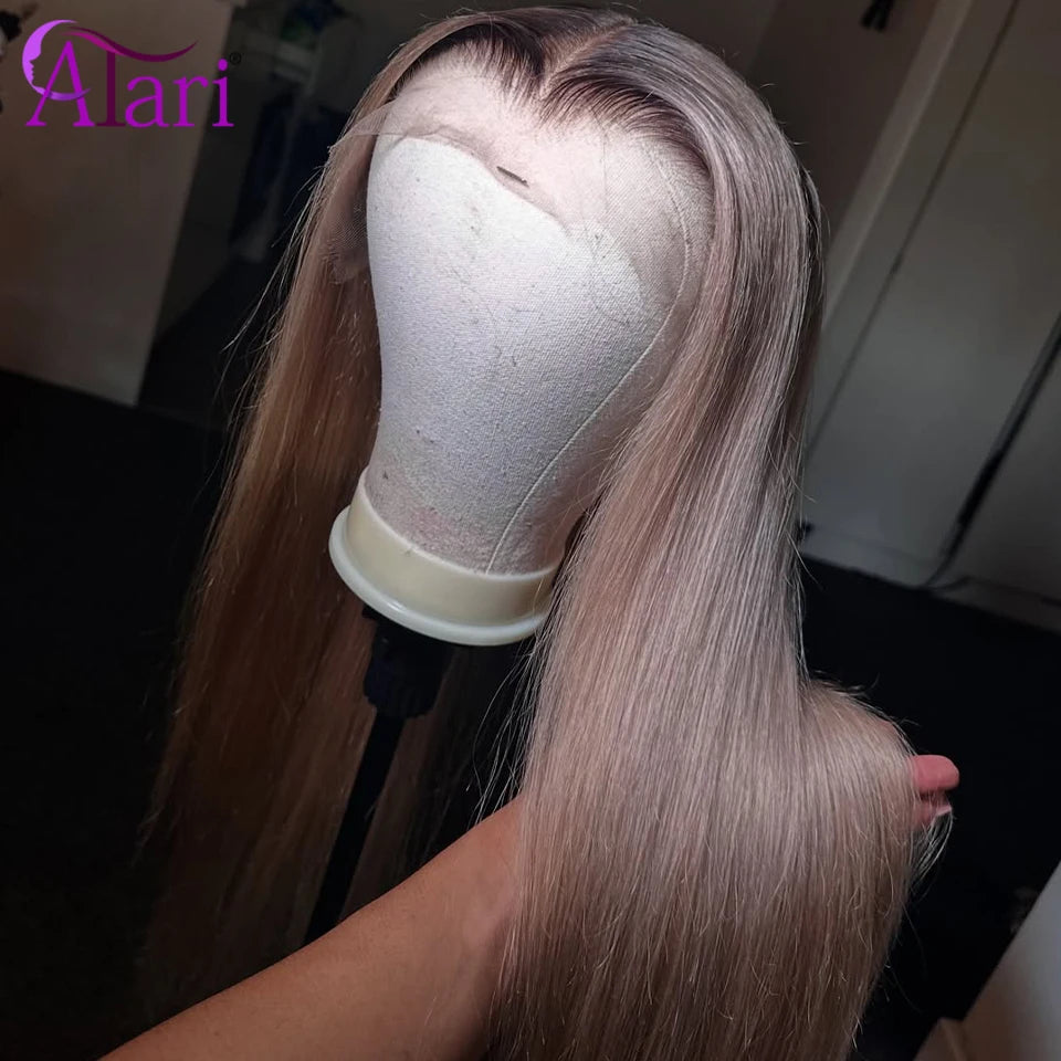 Dark Ash Blonde with Brown Roots Straight Wig 13x6 13x4 Lace Frontal Human Hair Wigs Ombre Deep Gray Lace Front Brazilian Wig