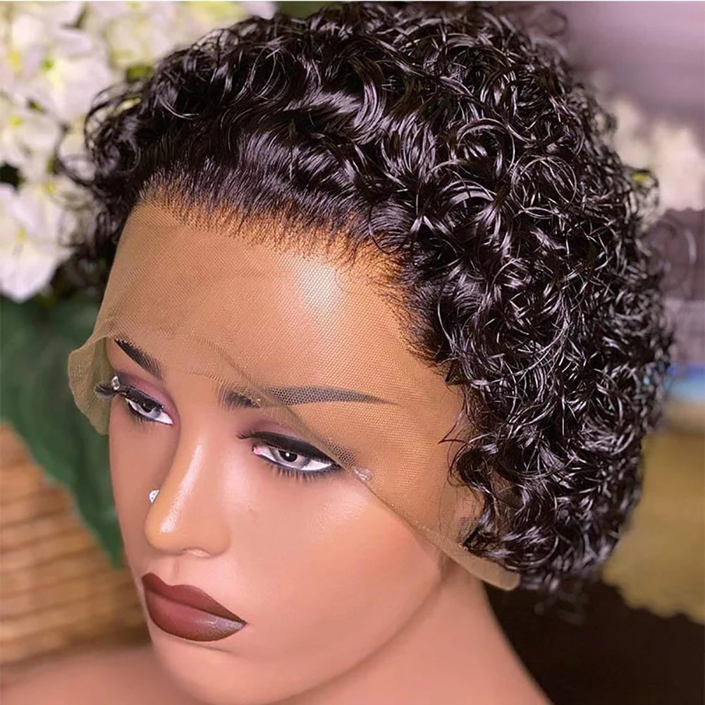 Short Curly Pixie Cut Lace Front Wigs 6 inch 13X1 Human Hair HD Lace Front Wigs Plucked for Black Women 6 Inch Natural Black