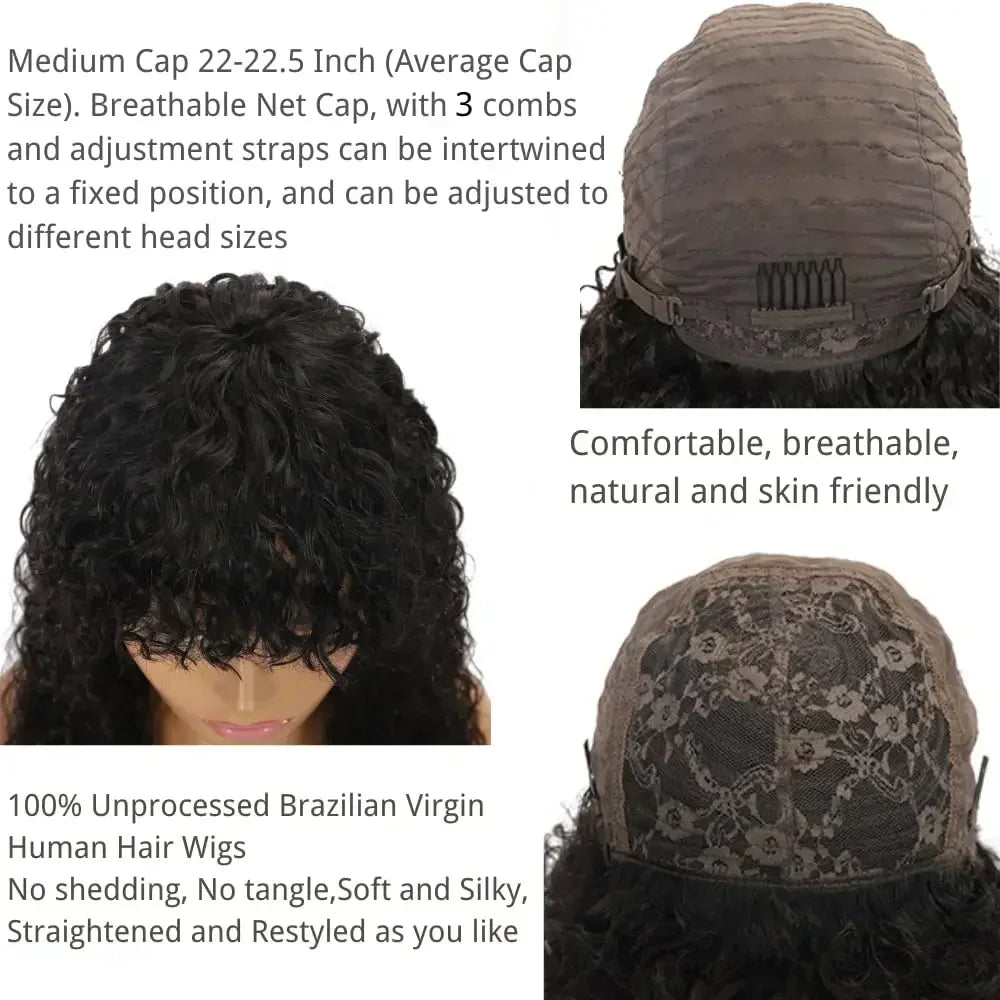 Curly Human Hair Wigs With Bangs 180% Density Water Wave Virgin Human Hair Full Machine Made Curly Glueless Wigs For Black Women