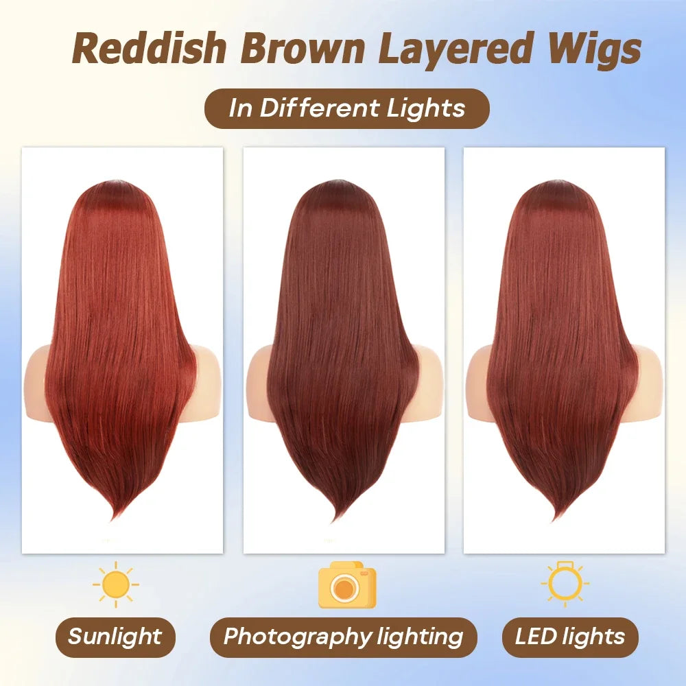 Reddish Brown Layered Lace Front Wig 13X6 Copper Red Straight Lace Front Wigs For Women Synthetic Glueless Heat Resistant Wigs