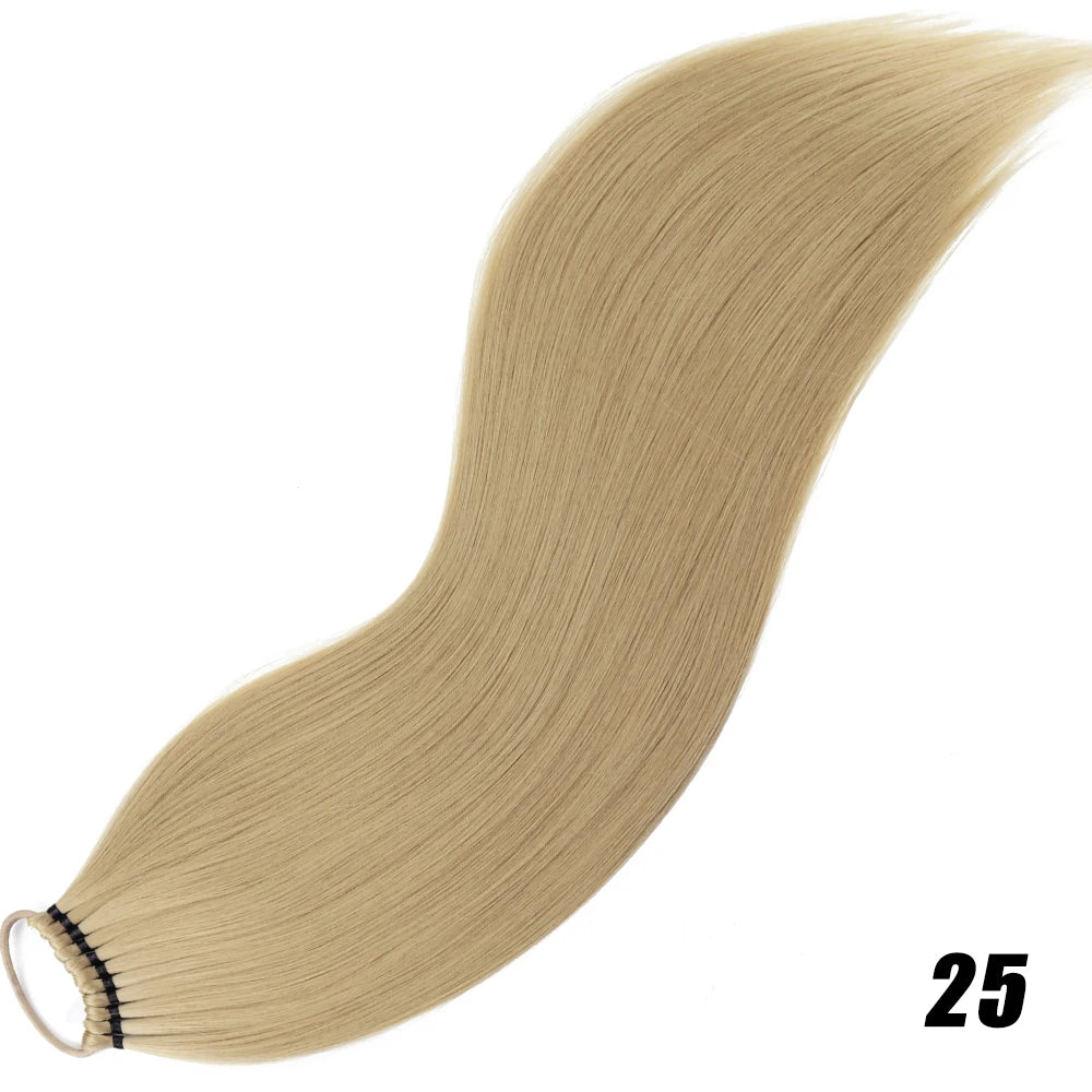 Synthetic 24Inch Ponytail Extensions Black Natural Braided Pony Tail Hairpiece Long Straight Rubber Band Hair For Women
