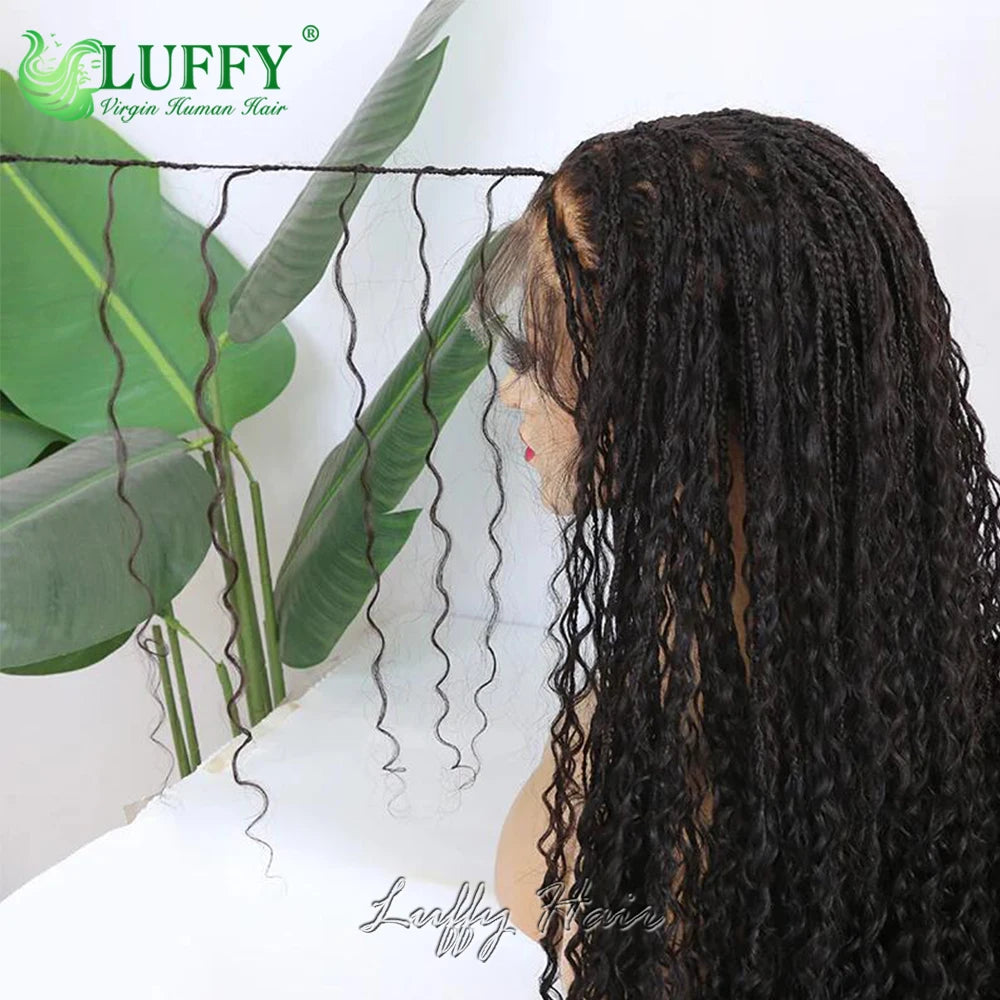 Knotless Boho Box Braids HD Transparent Full Lace Wig Curly Ends Human Hair Pre Plucked Braided Wigs 300 High Density For Women