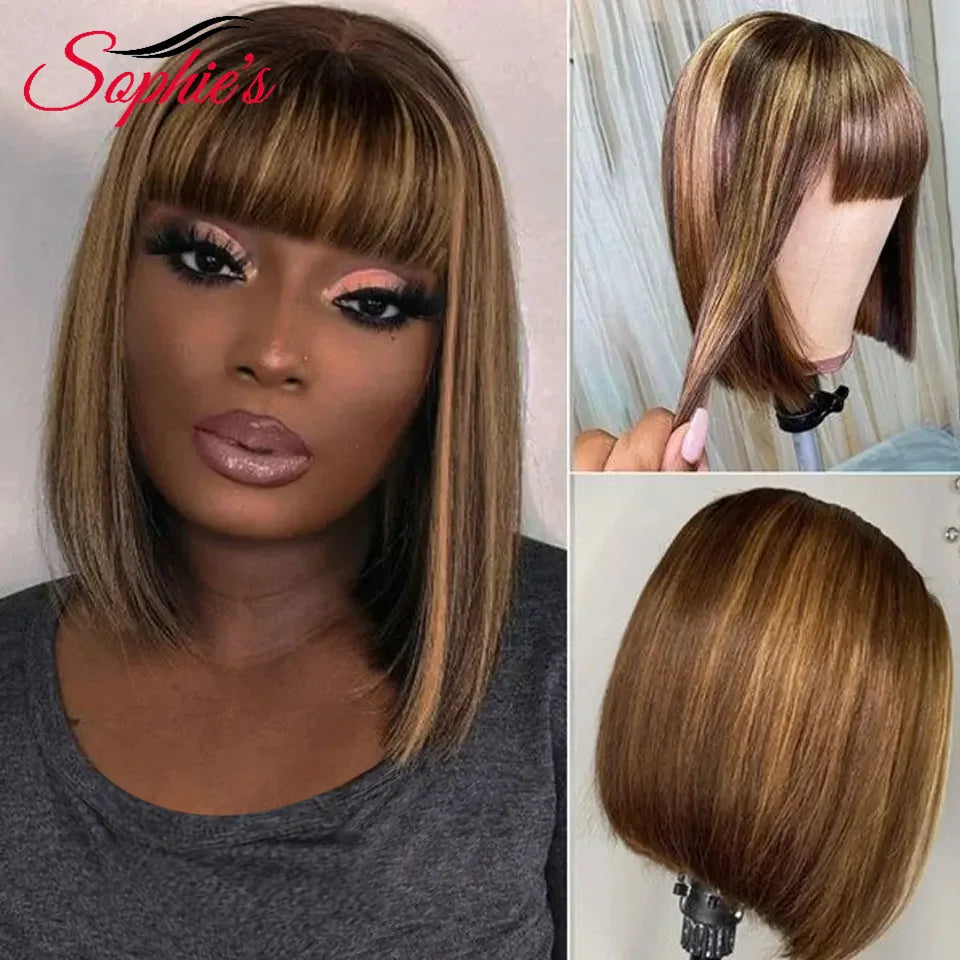 Sophies P4/27# Color Full Machine Made Bob Wig With Bang Human Hair Wigs 180% Density Brazilian Hair Remy Hair 10-14 inch Wigs