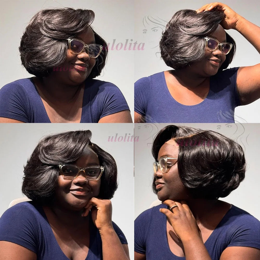 Short straightBob Wigs 13x4 HD Lace Closure Wig Blunt Cut with face framing layers Glueless Human Hair Ombre Chocolate brown wig