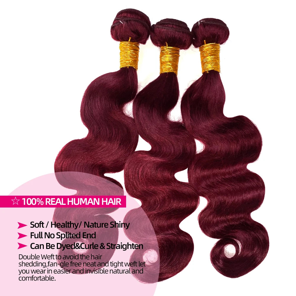 2/3/4 Bundles With Frontal Body Wave Highlight Burgundy #99J Human Hair 13x4 Lace Front With 3 Bundles Brazilian Hair For Women