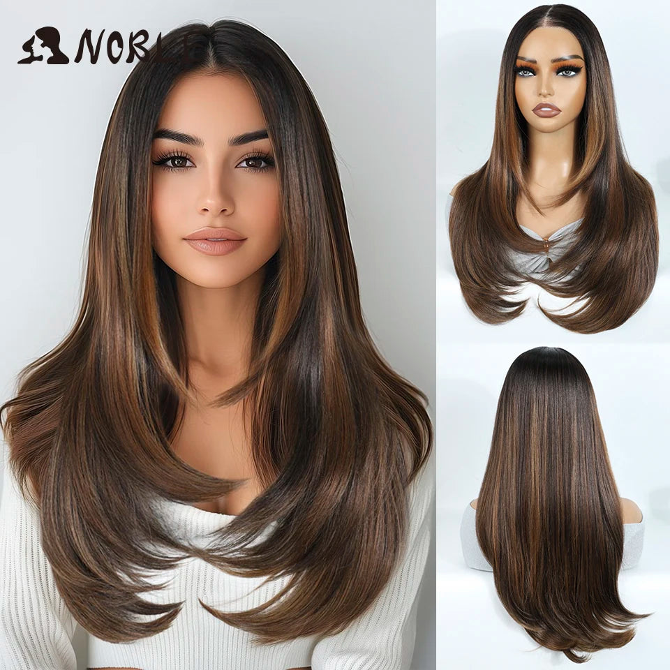 Noble Synthetic Lace Front Wigs For Woman 24 Inch Straight Lace Wig Ombre Brown 6x4 Pre Plucked Pre Cut Wear and Go Glueless Wig
