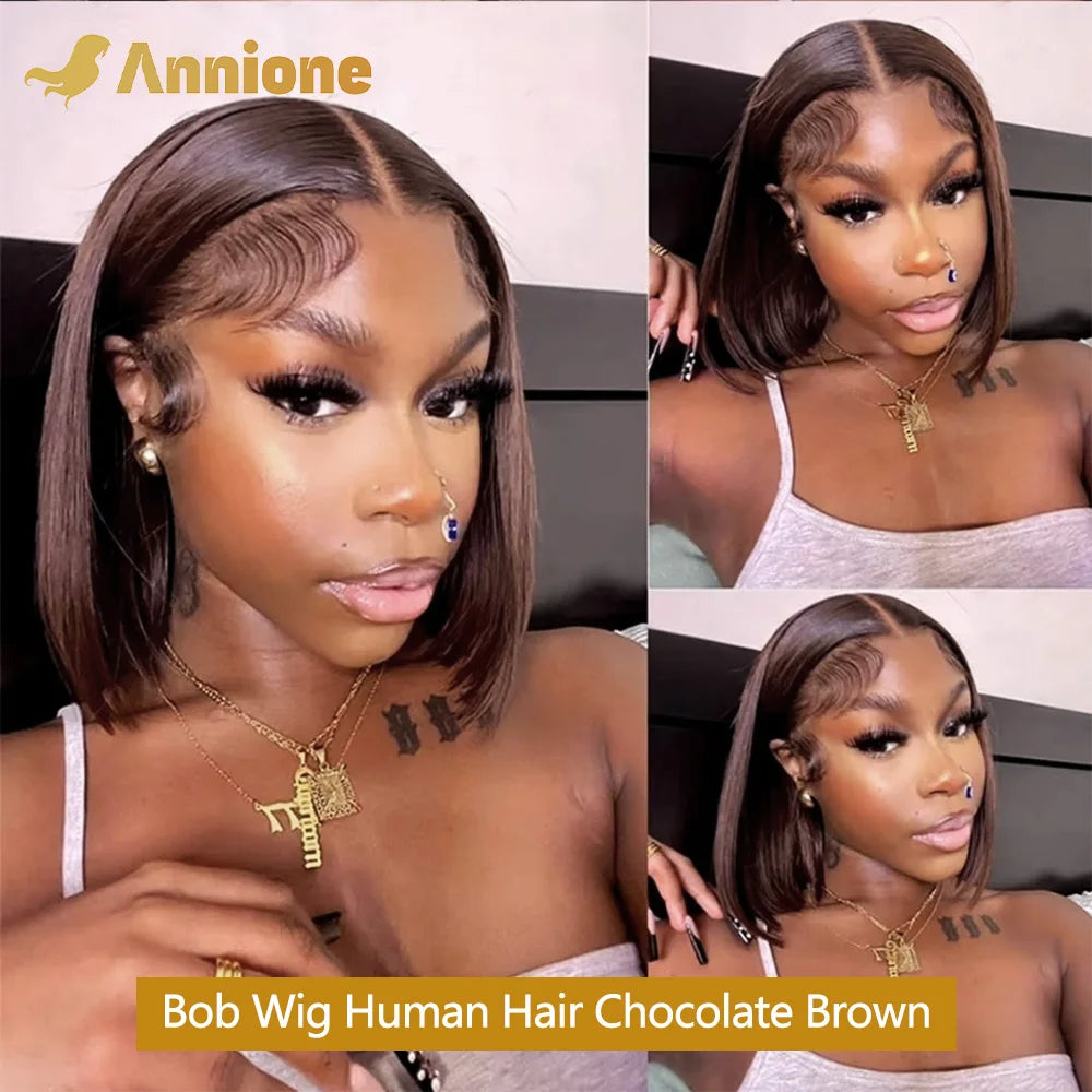 Bob Glueless Wig Human Hair Ready To Wear 4X4 Brazilian Straight Chocolate Brown Lace Front Human Hair Wig 100% Human Hair Wigs
