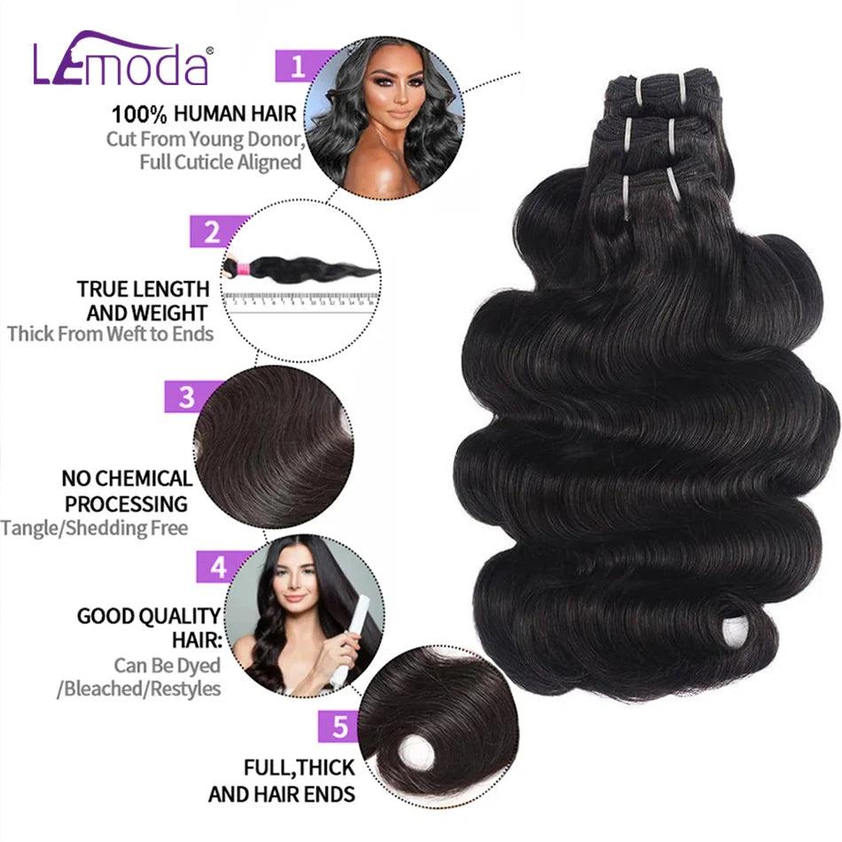 Lemoda Body Wave 15A Bundles Human Hair 30 32 Inches Unprocessed Raw Human Hair Extensions 1/2/3/4 Pcs Natural Black Virgin Hair