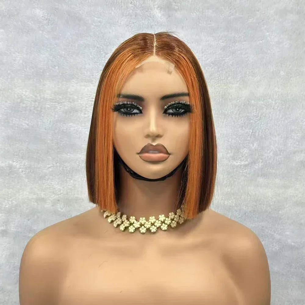 2x6 Lace Closure Bob Wigs Honey Brown Color Vietnam Raw Bone Straight Human Hair Short Bob Glueless Wigs for Women 180% Density