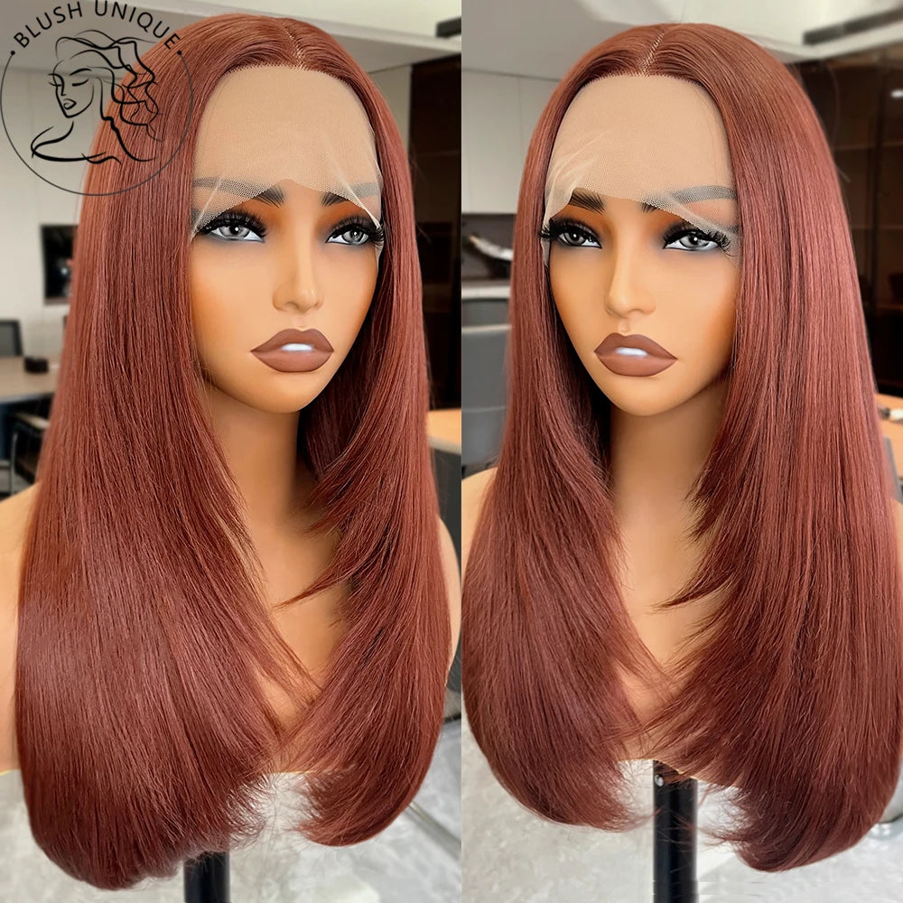 Reddish Brown Layered Lace Front Wig 13X6 Copper Red Straight Lace Front Wigs For Women Synthetic Glueless Heat Resistant Wigs