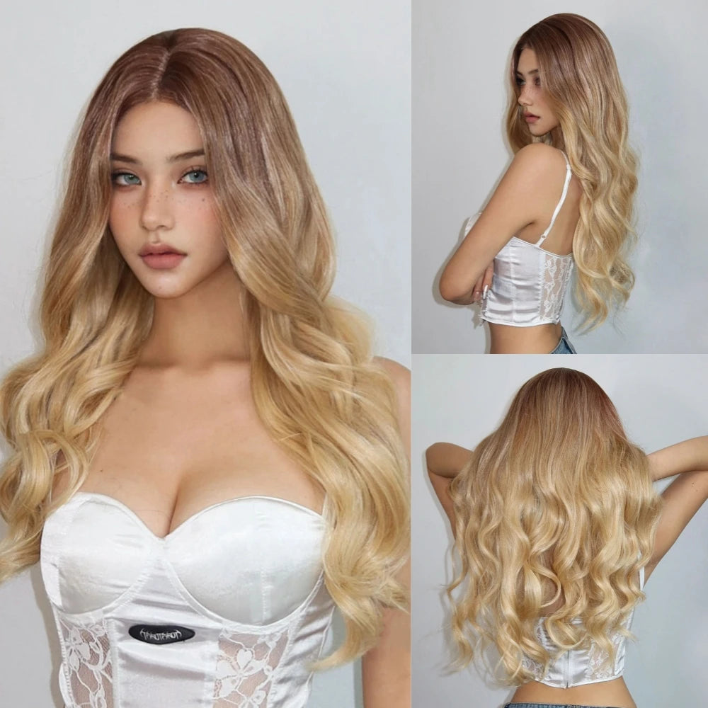 Synthetic Lace Hairline Wigs Platinum Blonde Highlight Long Wavy Lace Forehead Wig Hand Crochet Wigs for Women Heat Resistant