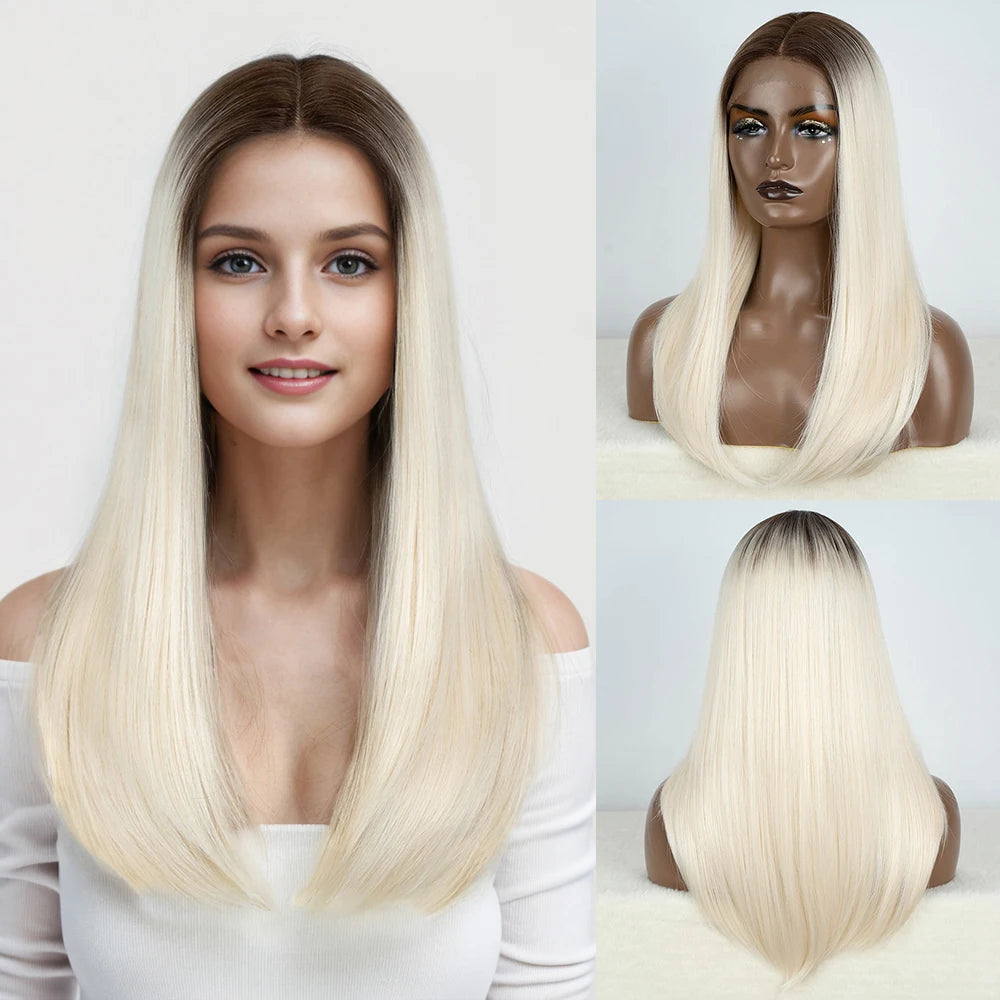 Synthetic Lace Front Wig Straight Baby Hair Bob Wig Bown Black Blonde Hair Wig 22"Cosplay Wig For Women Heat Resistant Wig