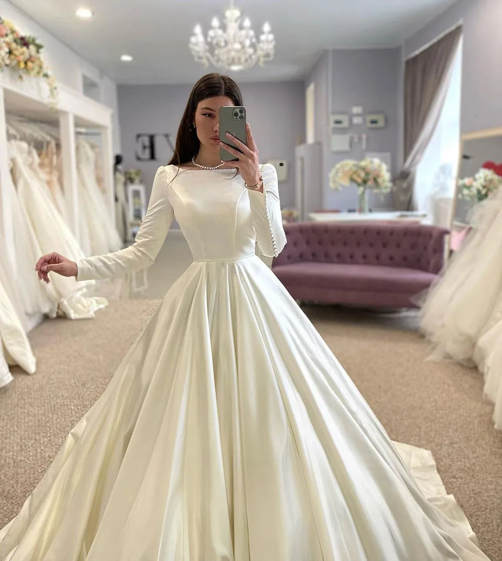 SoDigne Conservative Wedding dress Satin Wedding Dresses Full Sleeve Muslim Bridal Gown Modest Long Wedding Gown Customized