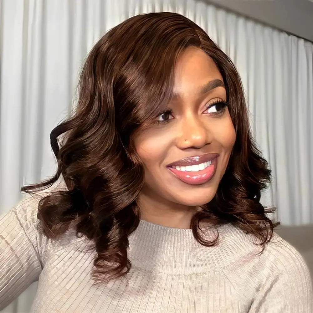 Chocolate Brown Body Wave Bob Wigs Human Hair 13x4 HD Lace Frontal Wigs 4# Colored 100% Human Hair Water Wave Preplucked 16 Inch