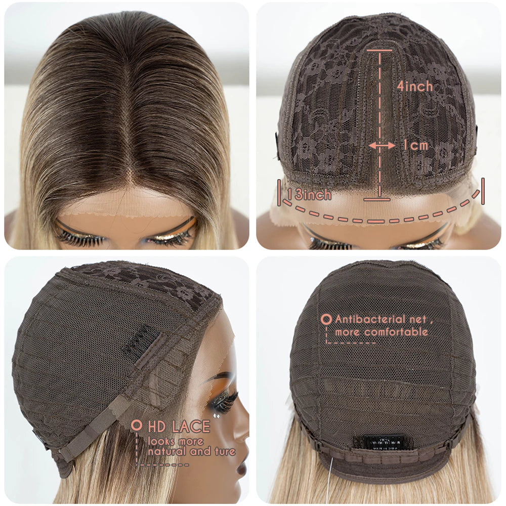 Synthetic Lace Front Wig Straight Baby Hair Bob Wig Bown Black Blonde Hair Wig 22"Cosplay Wig For Women Heat Resistant Wig