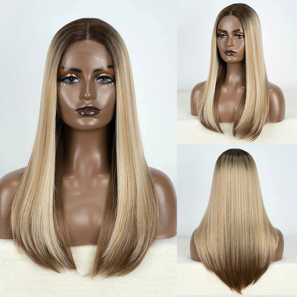 Synthetic Lace Front Wig Straight Baby Hair Bob Wig Bown Black Blonde Hair Wig 22"Cosplay Wig For Women Heat Resistant Wig