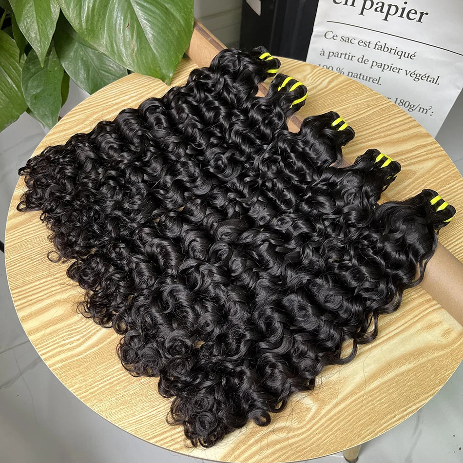 Double Drawn Water Wave Human Hair Bundles 100% Raw Virgin Human Hair Weave Extensions #1b Natural Color 10A Wavy Curl For Women