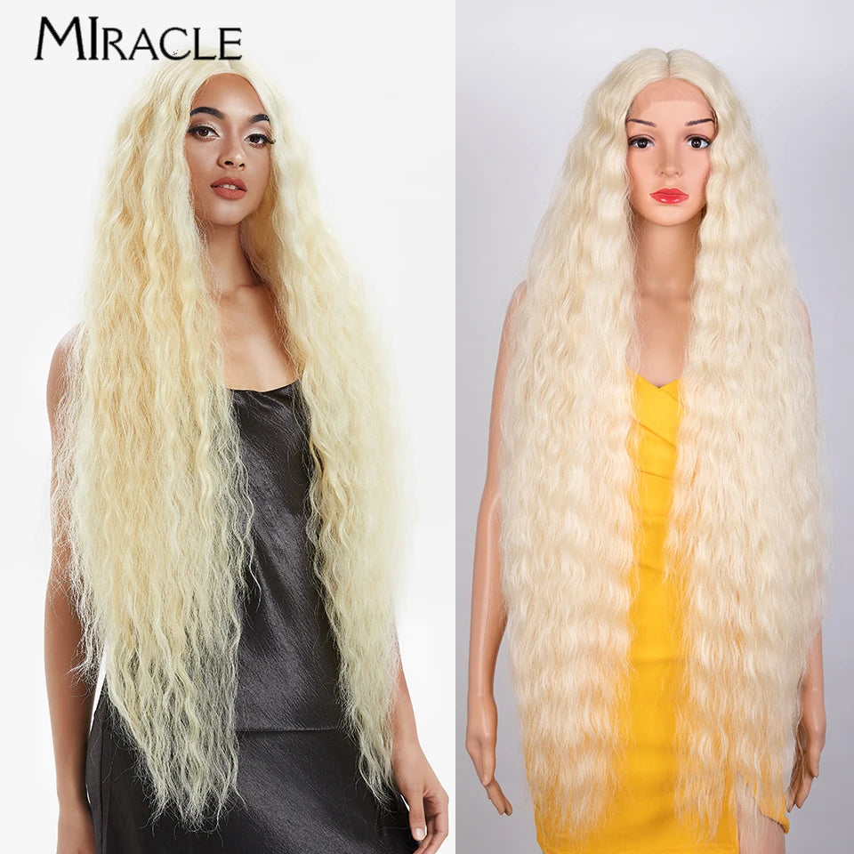 MIRACLE Synthetic Lace Front Wig For Women 40 Inch Water Wave Lace Wig Cosplay Wigs 613 Pink Blonde Wig Super Long Fiber Hair