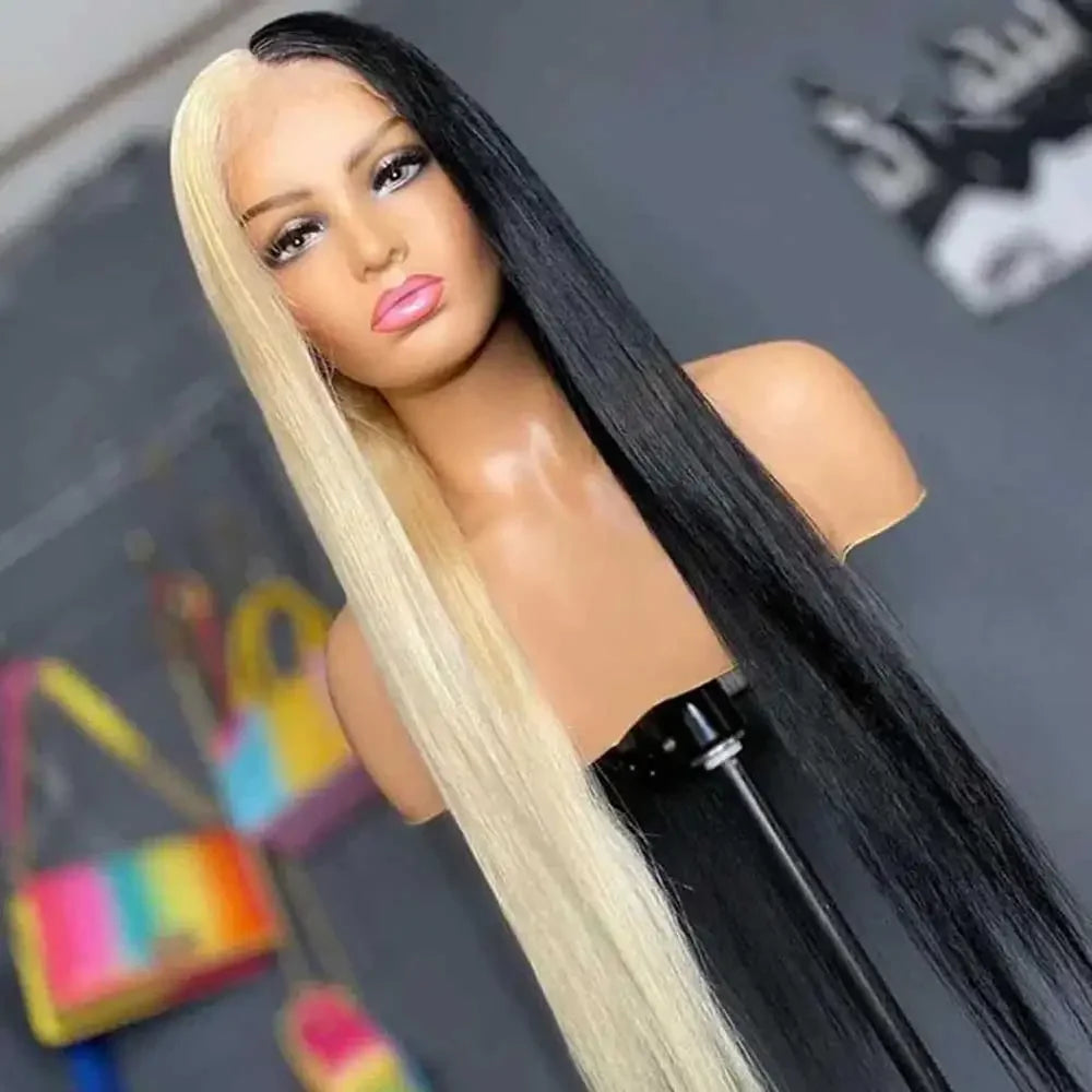 Remy Colored #613 Brazilian 100% Human Hair Wigs Half Black and Half Blonde Straight Lace Front Wigs Human Hair Wigs For Women