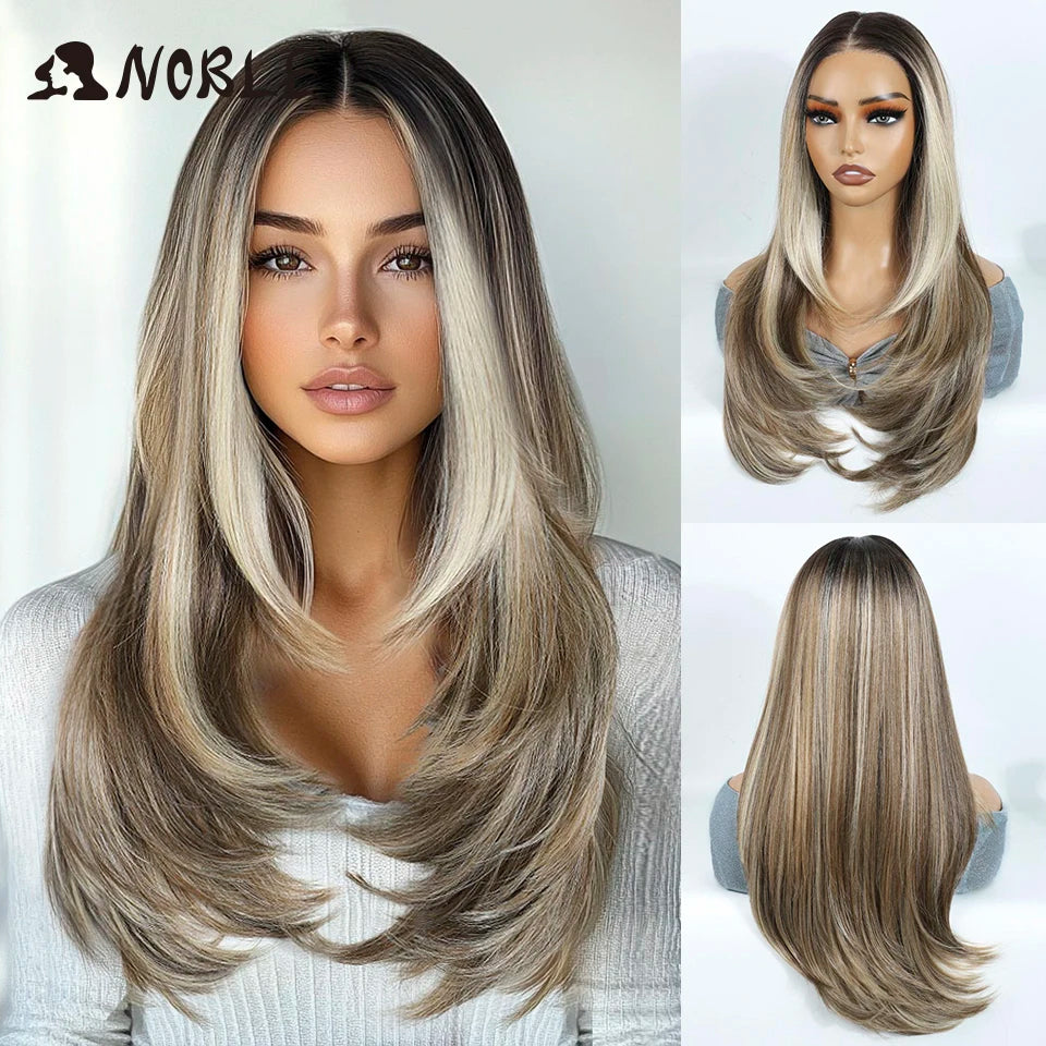 Noble Synthetic Lace Front Wigs For Woman 24 Inch Straight Lace Wig Ombre Brown 6x4 Pre Plucked Pre Cut Wear and Go Glueless Wig