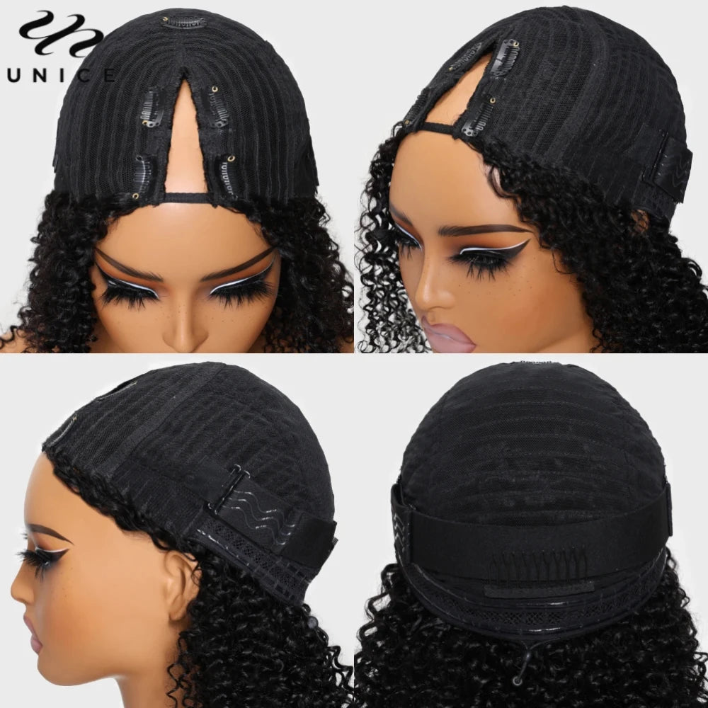 UNICE Hair Kinky Curly V Part Wig 100% Human Hair Upgrade U Part Wig No Leave Out EasiContou V Part Wig With Elastic Drawstring