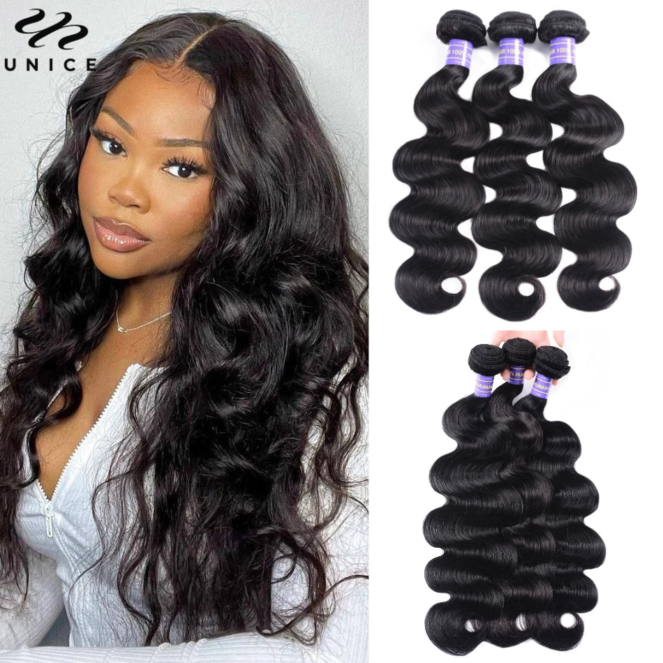 Unice Hair Natural Black Body Wave Bundles 1/3/4 PCS Deal 100% Human Hair Bundles Sew In Bundles Quick Weaves