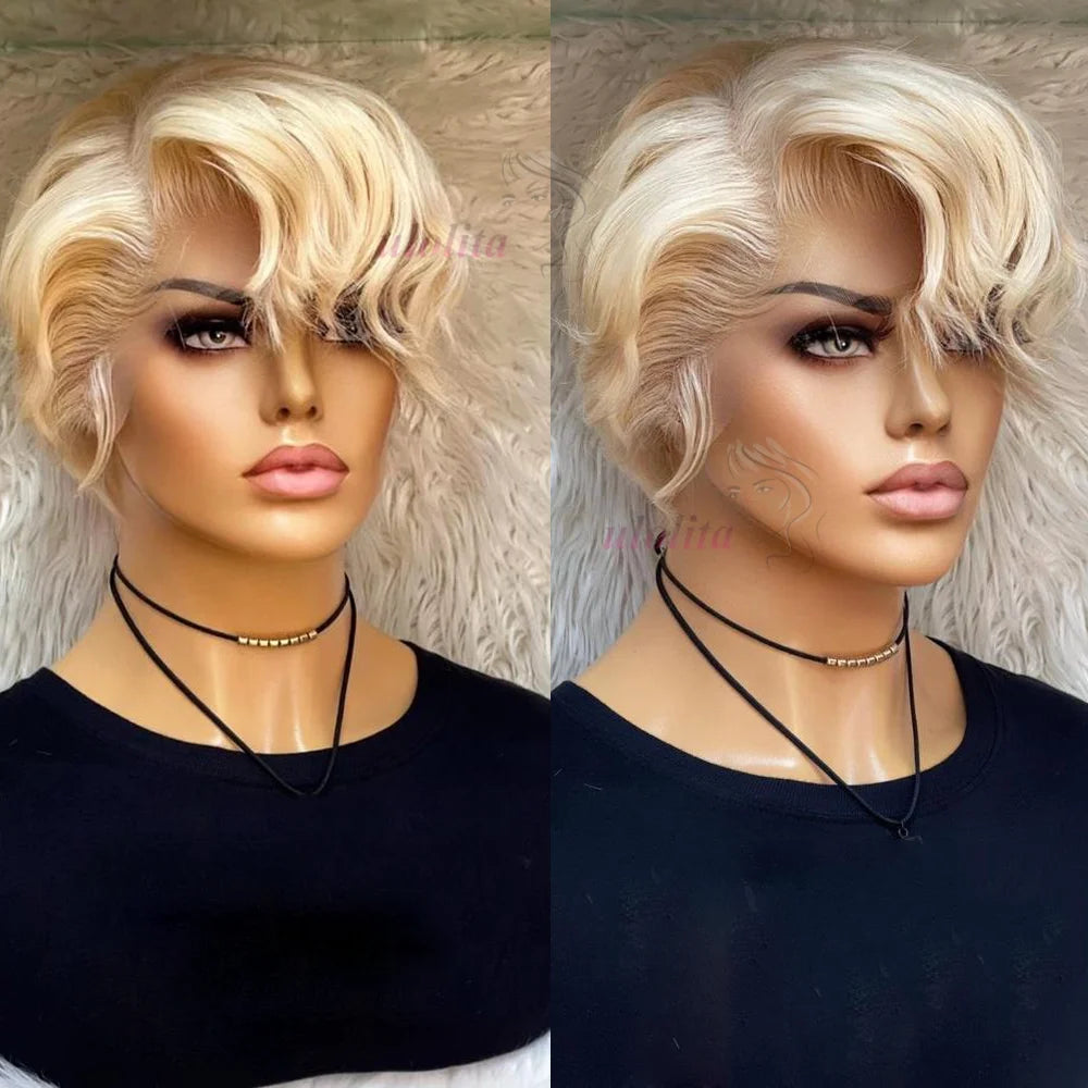 Pixie Cut Wig Brazilian 613 blonde Straight Side Part Wig 13x4 Short Bob HD Transparent Lace Front Human Hair Wig For Women