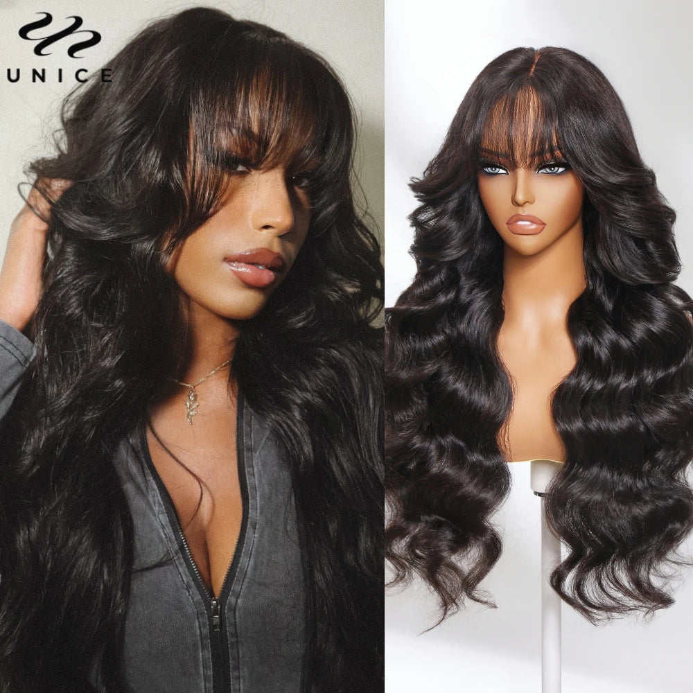Unice Hair Pre Cut Pre Bleached 7x5 Loose Wave Wig With Bangs Wear Go Glueless Wig Pre Plucked Lace Front Human Hair Wig