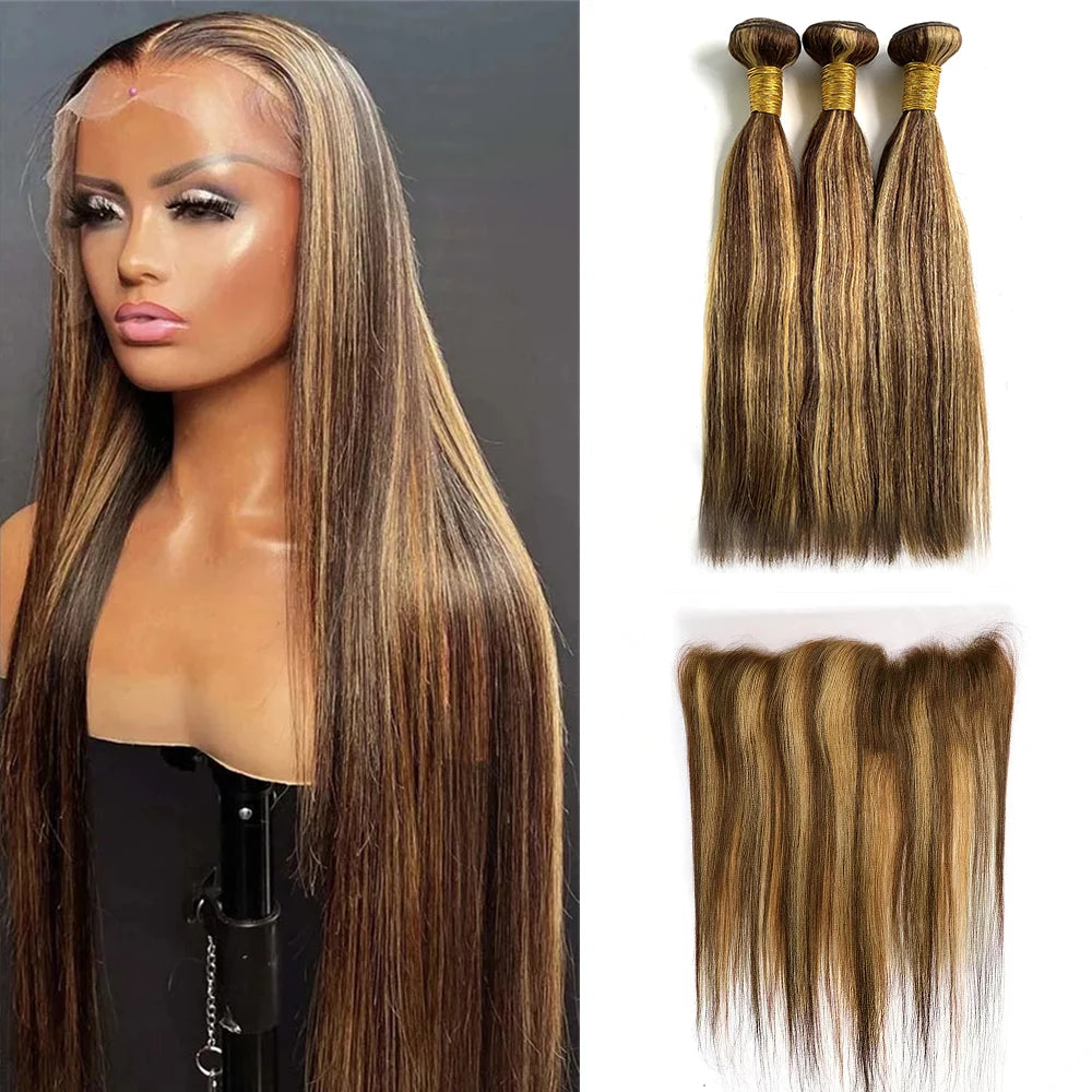 P4/27 Highlight Bundles With Closure Frontal 13x4 Straight Brazilian Human Hair Bundle With Frontal Ombre Blonde Hair Extensions