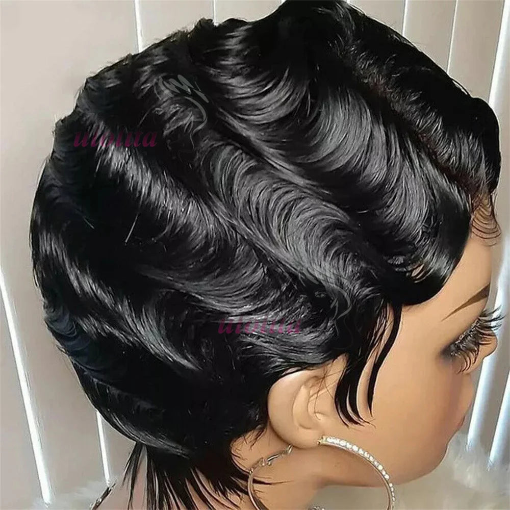 Pixie Cut Finger Wave Short Bob Wigs For Black Women Human Hair Ocean Wave Short Indian Human Hair Wig 13X1 Lace Front wigs